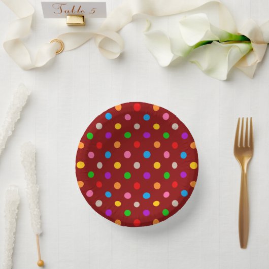 Rotes farbenfrohes Regenbogen-Punkte-Design Pappteller (Hochzeit)