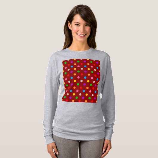 Rotes farbenfrohes Regenbogen-Punkte-Design T-Shirt (Vorne ganz)