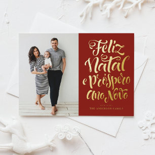 Rotes Feliz Natal Kalligrafie Weihnachtsfoto Folien Feiertagspostkarte