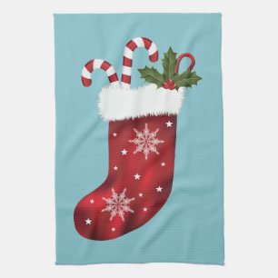 Rotes festliches Weihnachtsstrumpf auf Blau Geschirrtuch