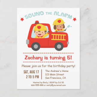 Rotes Feuer-LKW, niedlicher Hund und Einladung