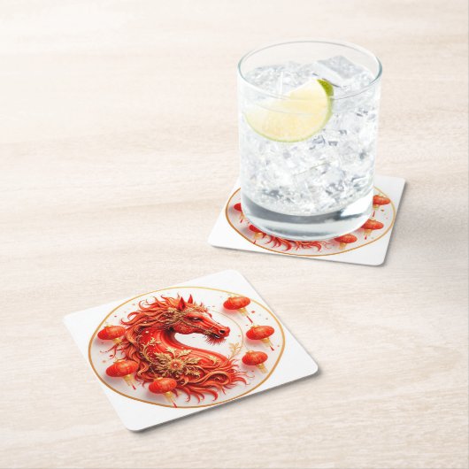 Rotes Feuerpferd - Neujahrsfeier 2026 - Design Rechteckiger Pappuntersetzer (Vor Ort)