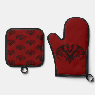 Rotes Fledermaus-Muster-Ofenhandschuh- und Topflap Ofenhandschuh & Topflappen-Set