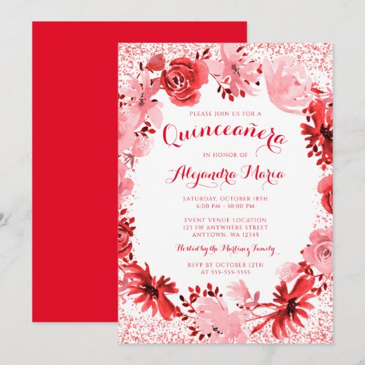Rotes Flora Quinceanera Einladung (Vorne/Hinten)