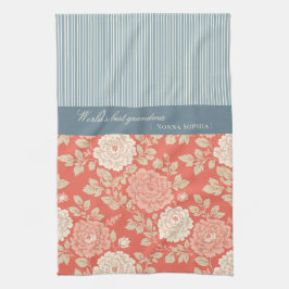 Rotes florales Blockdruckmuster mit blauen Streife Geschirrtuch