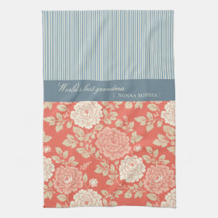 Rotes florales Blockdruckmuster mit blauen Streife Geschirrtuch