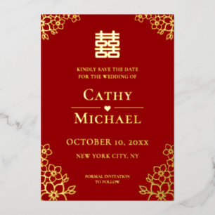 Rotes florales chinesisches Hochzeit-save-the-date Folieneinladung