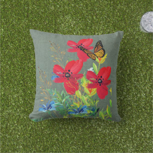 Rotes Florales Graues Sackleinen Kissen