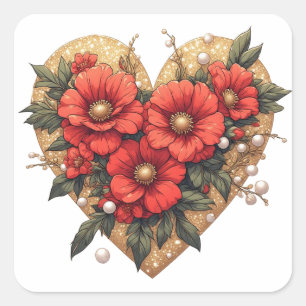 💎 Rotes florales Herz Akzent für Hochzeitsstation Quadratischer Aufkleber