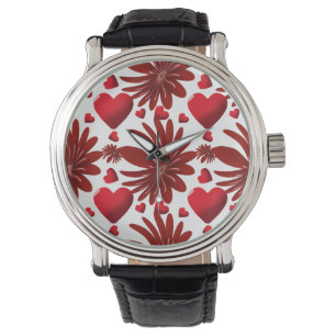 Rotes florales Herz Muster Ästhetisch romantische Armbanduhr