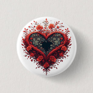 Rotes florales Herzdesign mit blühenden Blumen Button