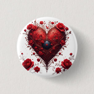 Rotes florales Herzdesign mit blühenden Blumen Button