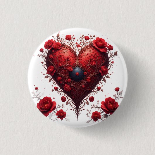 Rotes florales Herzdesign mit blühenden Blumen Button (Vorderseite)