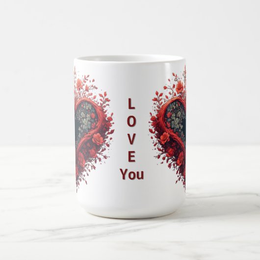 Rotes florales Herzdesign mit blühenden Blumen Kaffeetasse (Mittel)
