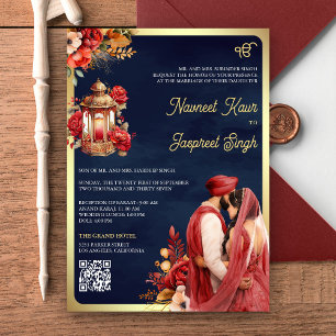 Rotes florales Navy QR Code Anand Karaj Sikh-Hochz Einladung