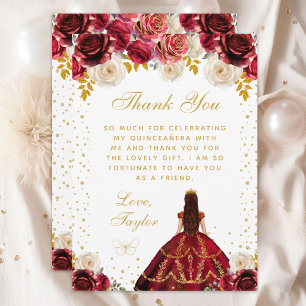 Rotes florales Prinzessin Quinceañera Dankeskarte