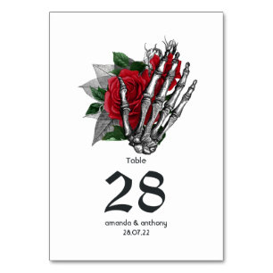 Rotes florales Skelett gothic Hochzeit Tischnummer