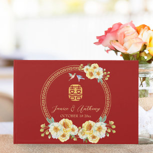 Rotes florales Vogel-Chinesisches Hochzeitsmotiv Gästebuch