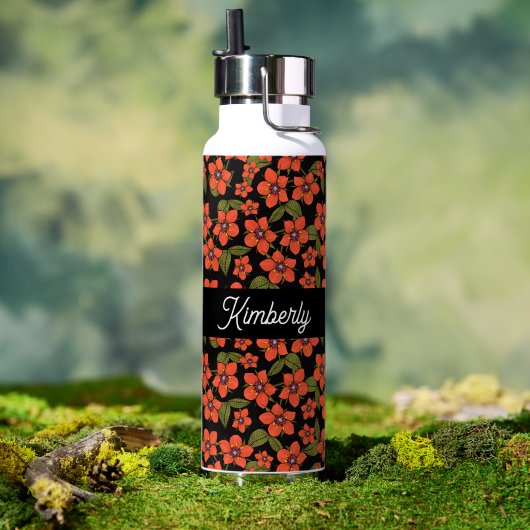 Rotes florales Wasserfarben-Monogramm Name Trinkflasche ( Außenbereich (gedreht))