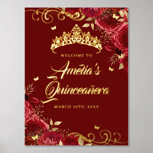 Rotes florales Wirbel-Quinceanera-Willkommensschil Foliendrucke