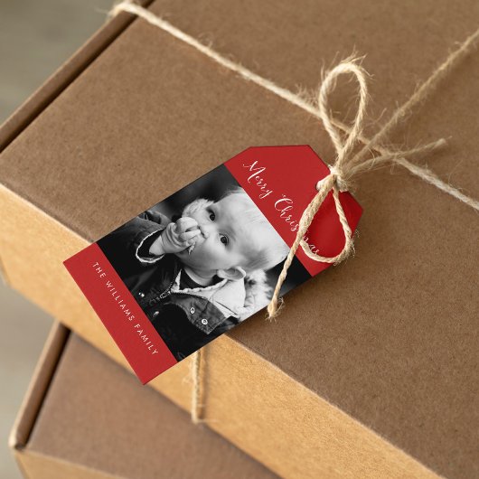 Rotes Foto "Frohe Weihnachten" Geschenkanhänger