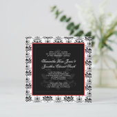 Rotes Foto Hochzeitsempfang mit weißer und schwarz Einladung (Stehend Vorderseite)