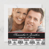 Rotes Foto Hochzeitsempfang mit weißer und schwarz Einladung (Rückseite)