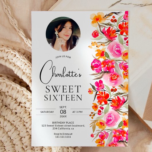 Rotes Foto mit orangefarbenem Untergrund Sweet 16 Einladung