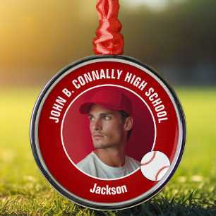 Rotes Foto von Baseballspielern der High School zu Ornament Aus Metall