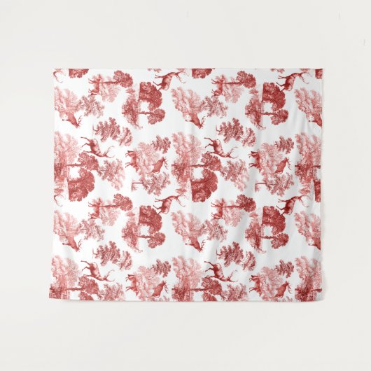 Rotes französisches Toile Deer Fox Forest Pattern Wandteppich (Vorderseite (Horizontal))