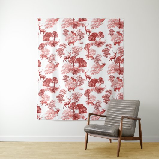 Rotes französisches Toile Deer Fox Forest Pattern Wandteppich (Beispiel)