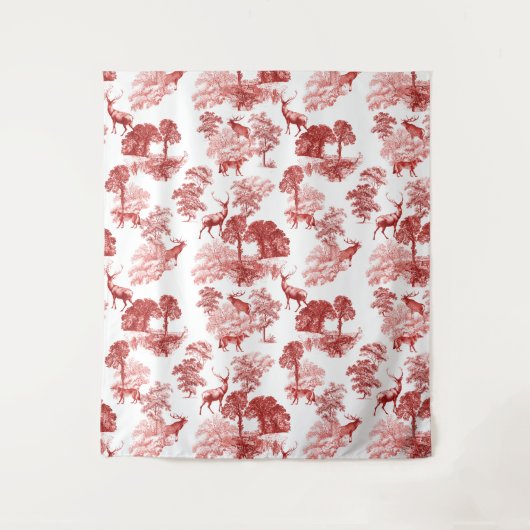 Rotes französisches Toile Deer Fox Forest Pattern Wandteppich (Vorderseite)