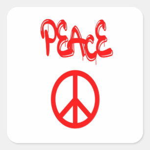 Rotes Friedenszeichen mit Peace in Graffiti geschr Quadratischer Aufkleber