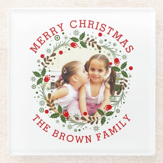 Rotes frohe Weihnachten, blumengeschmücktes Foto Glasuntersetzer (Vorderseite)