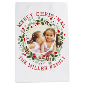 Rotes frohe Weihnachten, blumengeschmücktes Foto Mittlere Geschenktüte (Vorderseite)