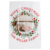 Rotes frohe Weihnachten, blumengeschmücktes Foto Mittlere Geschenktüte (Rückseite)