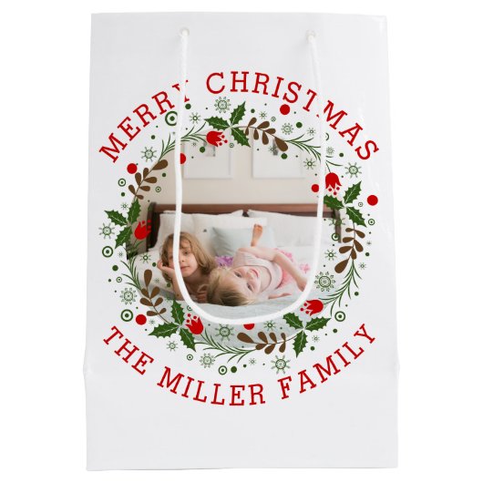 Rotes frohe Weihnachten, blumengeschmücktes Foto Mittlere Geschenktüte (Rückseite)