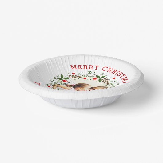 Rotes frohe Weihnachten, blumengeschmücktes Foto Pappteller (Gewinkelt)