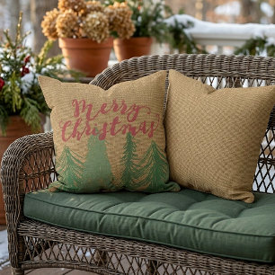 Rotes Frohe Weihnachten Grüne Bäume Faux Jute Sack Kissen