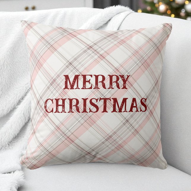 Rotes frostes Weihnachten Rosa Kariertes Muster Mo Kissen (Red Merry Christmas Pink Plaid Pattern Modern Throw Pillow)