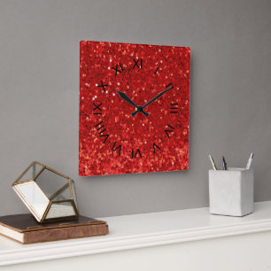 Rotes funkelndes Glittermuster Quadratische Wanduhr