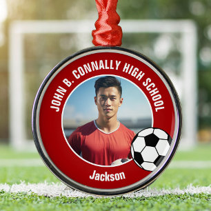 Rotes Fußballspieler-Foto für die High School Weih Ornament Aus Metall