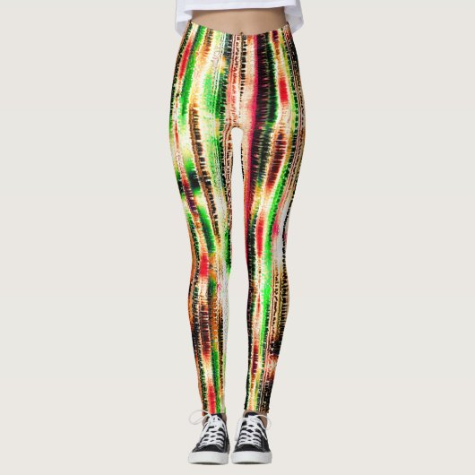 Rotes, gelb und grün gestreiftes, geschnittenes Pa Leggings (Vorderseite)