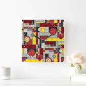 Rotes Gelbes Art Deco Gestaltetes Glas Quadratische Wanduhr (Zuhause)