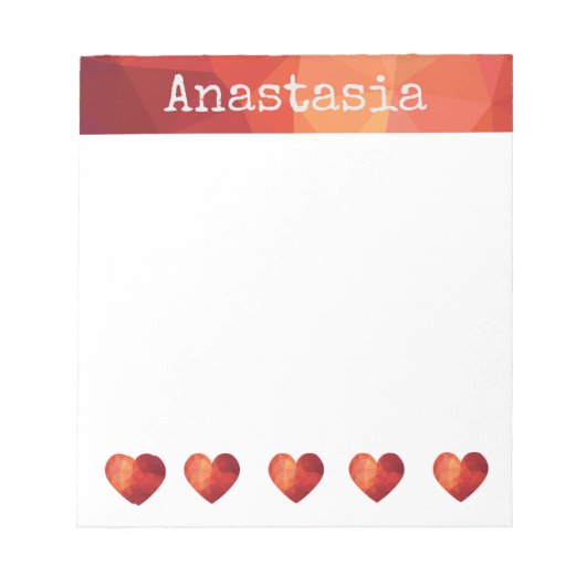 rotes geometrisches Herz und personalisierter Name Notizblock (Vorderseite)