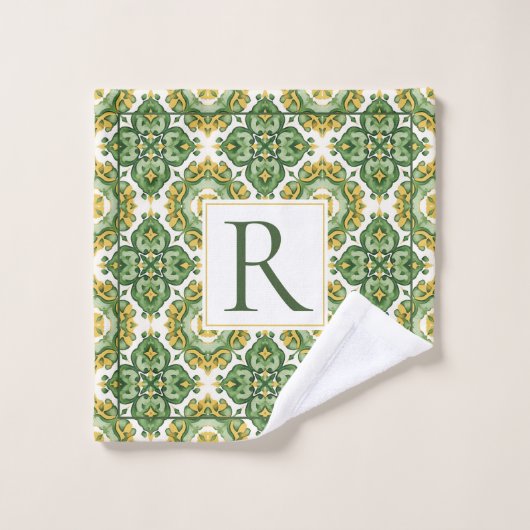 Rotes geometrisches, mediterranes Monogramm Badhandtuch Set (Waschlappen)