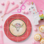 rotes geometrisches Muster mit Blumenkuhschädel Pappteller (Party)