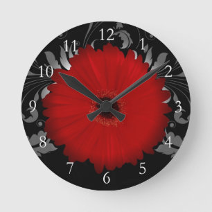 Rotes Gerbera-Gänseblümchen w/Swirl Runde Wanduhr