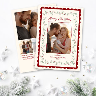 Rotes geschwungenes Weihnachts-Fünf-Foto Feiertagskarte