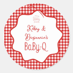 Rotes Gingham-Barbecue BBQ Baby-Q-Baby-Party  Runder Aufkleber